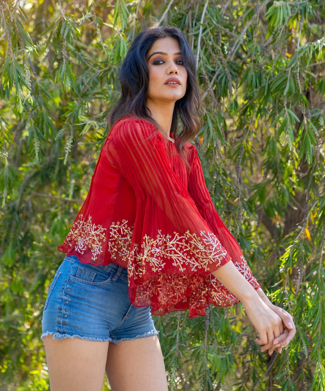 Sheer crimson chiffon top — close pleated-bodice study with crimson-and-gold floral hem embroidery, against willow foliage.