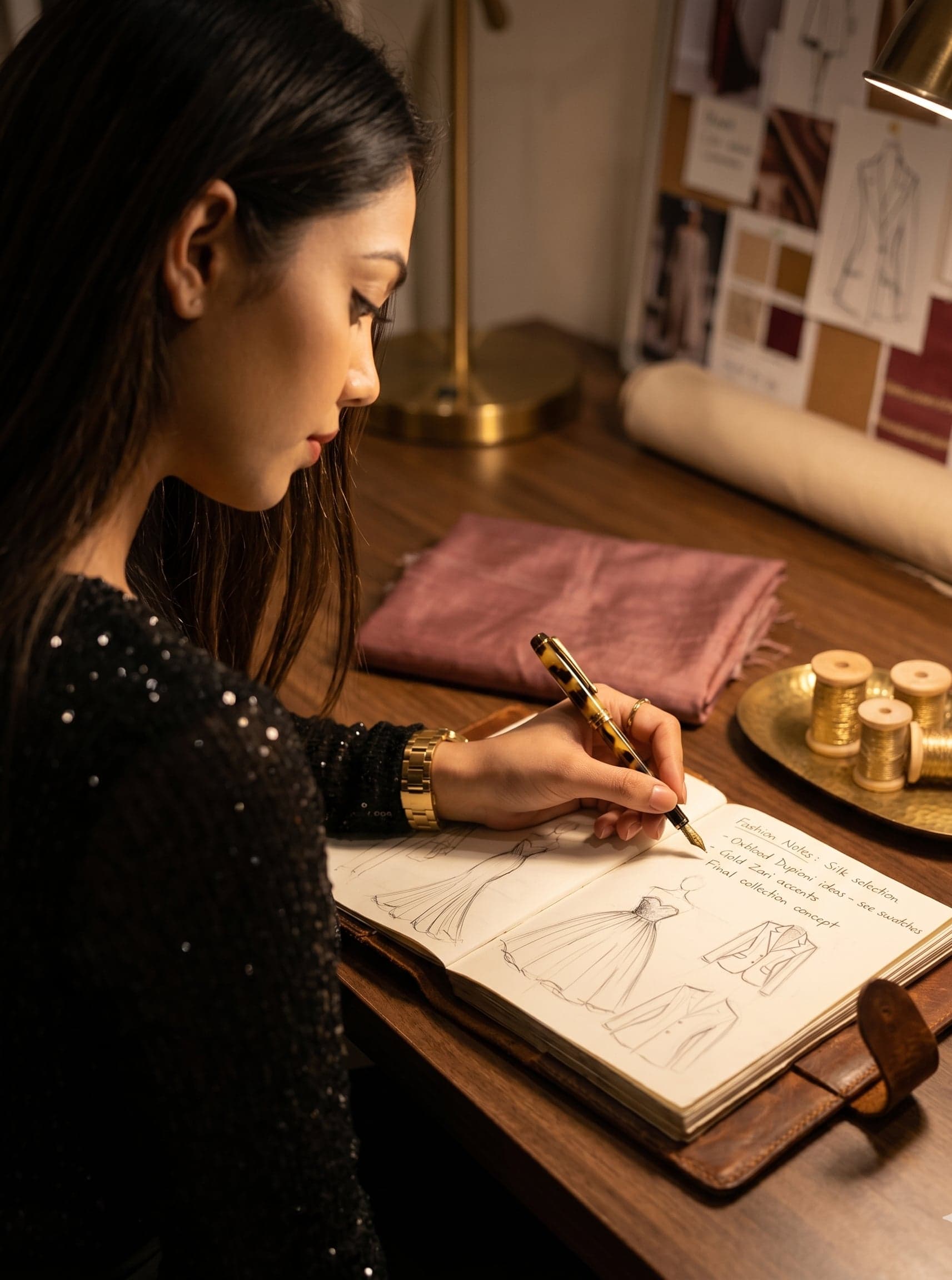A designer at her desk, sketching in a leather-bound notebook with raw silk and gold zari spools beside her