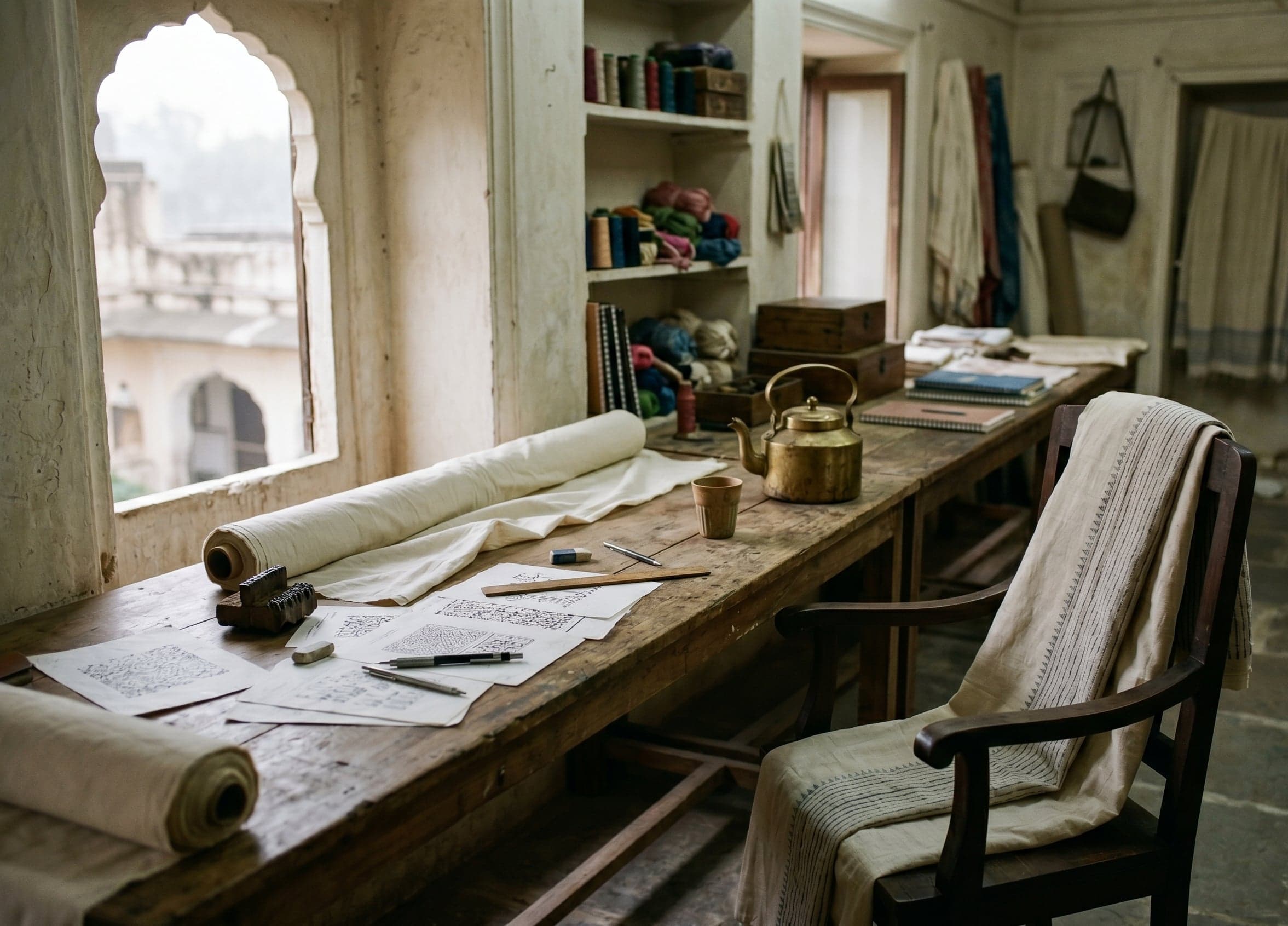 An empty Jaipur studio in soft morning light — a wooden desk with sketches, a brass kettle, a roll of muslin, a single chair with block-printed fabric draped over it