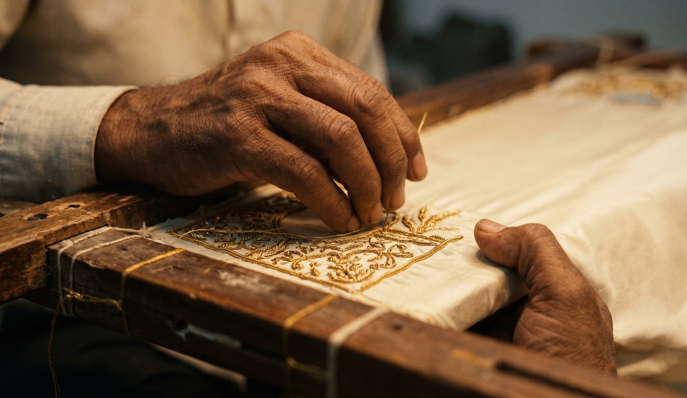 A karigar's weathered hands at the wooden adda, threading gold zardozi through ivory silk