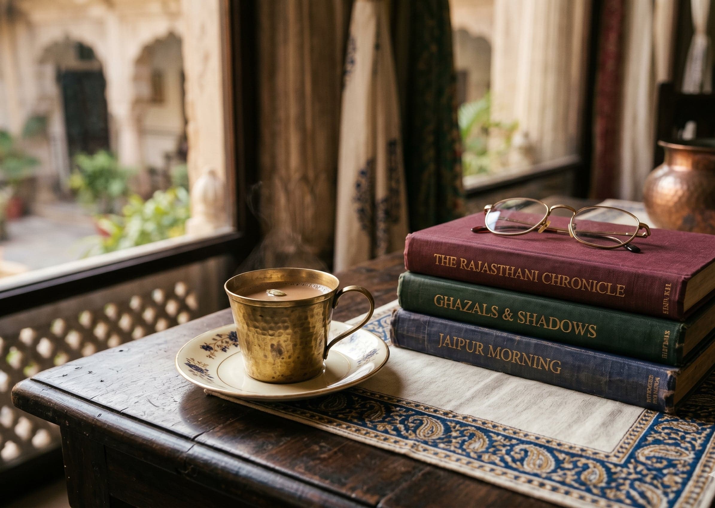 A brass cup of cardamom chai beside three hardcover books with gold-foil spines and a paisley block-print runner