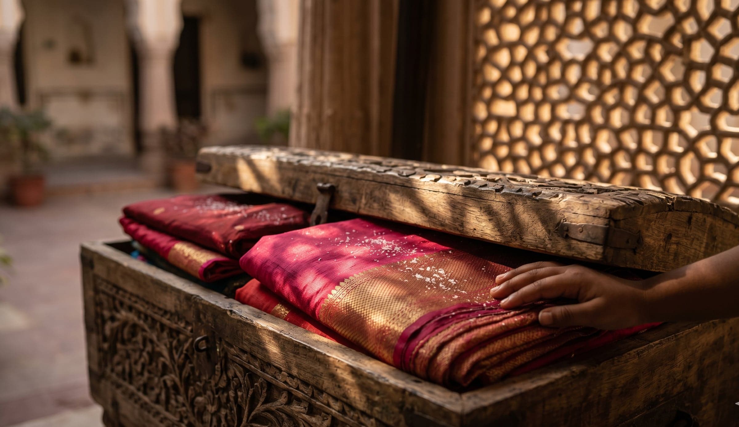 An old carved wooden trunk in a Jaipur courtyard, opened to show folded silk saris and a small hand resting on the edge